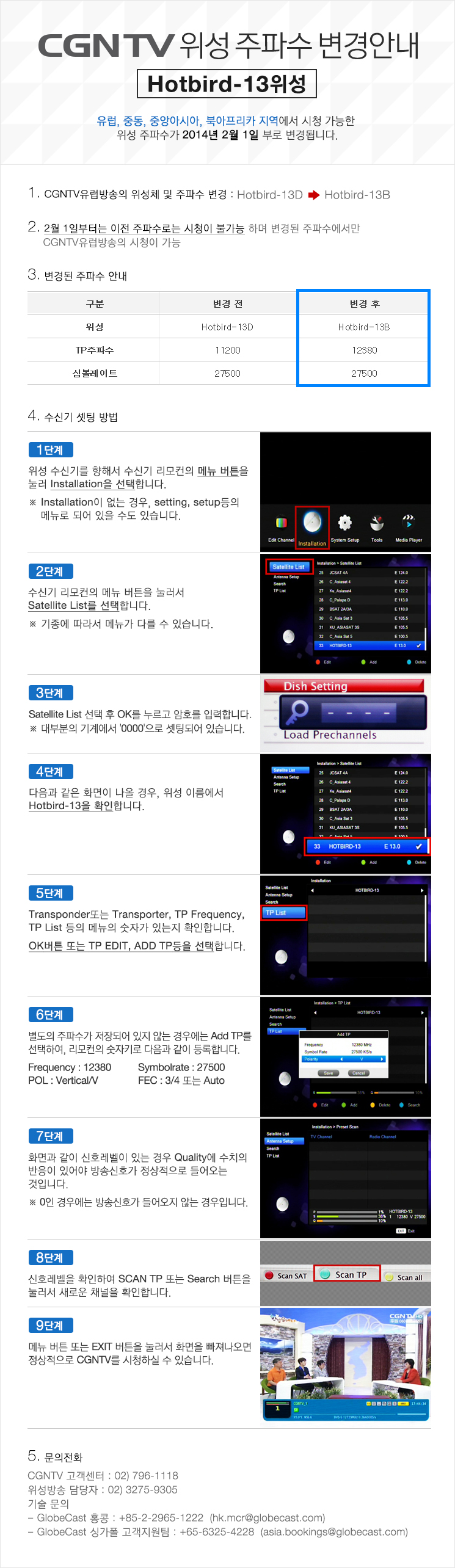 CGNTV Hotbird-13 위성 주파수 변경안내 : 유럽, 중동, 중앙아시아, 북아프리카 지역에서 시청 가능한 위성 주파수가 2014년 2월 1일 부로 변경됩니다. 2월 1일부터는 이전 주파수로는 시청이 불가능 하며 변경된 주파수에서만 CGNTV유럽방송의 시청이 가능합니다. CGNTV 고객센터 : 02) 796-1118, 위성방송 담당자 : 02) 3275-9306, 기술 문의 : GlobeCast 홍콩 : +85-2-2965-1222  (hk.mcr@globecast.com), GlobeCast 싱가폴 고객지원팀 : +65-6325-4228 (asia.bookings@globecast.com)